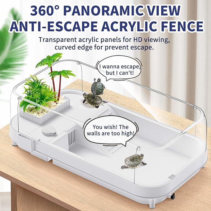 Upgrade Large Turtle Tank Kit(Tank+Light+Filter), Acrylic Turtle Tank Starter Kit with 2pcs Shower Heads, Bask Platform, Bottom Drain, Higher Fences, Multi-Function Area (L-Kit)