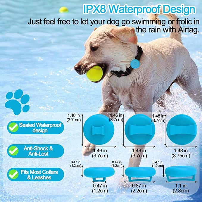 IPX8 Waterproof AirTag Dog Collar Holder, Hidden Air Tag Case for Cat Collar, Anti-Lost Silicone Cover for AirTag GPS Tracker Compatible with Pets Loop, Fits All Width Collars(Sky Blue L)