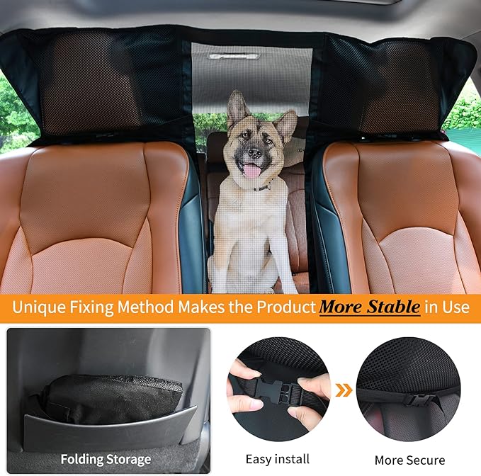 LOOBANI Dog Car Barrier 46‘’ Wide with Adjustable Rope and Storage Bag, Universal for Cars and Suvs, Designed to Prevent Pets and Children from Interfering with Safe Driving