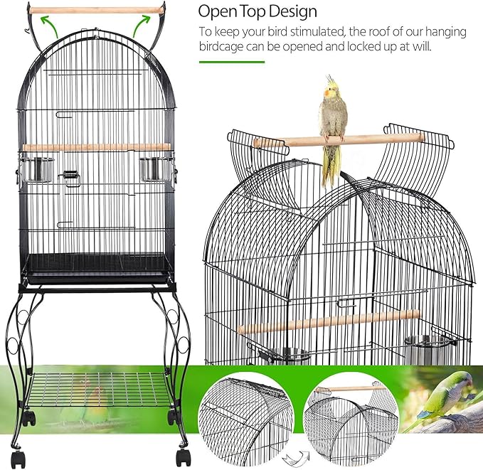 Yaheetech 59-Inch Rolling Standing Medium Dome Open Top Bird Cage for Parrots Cockatiels Sun Conures Parakeets Lovebirds Budgies Finches Canary Pet Bird Cage with Removable Stand