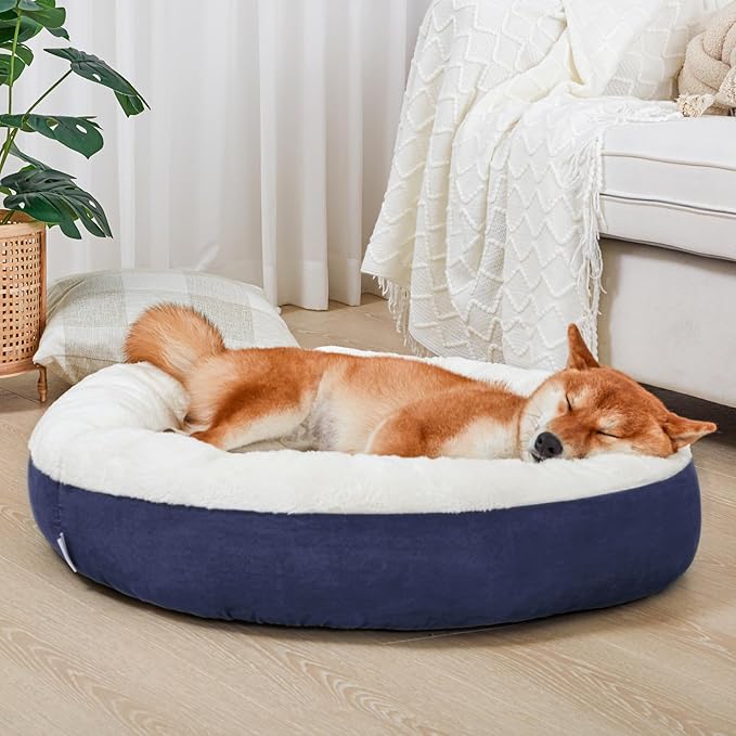 Love's cabin Round Donut Cat and Dog Cushion Bed, 30in Pet Bed for Medium or Large Dogs, Anti-Slip & Water-Resistant Bottom, Soft Durable Fabric Pet beds, Washable Calming Cat & Dog Bed Navy