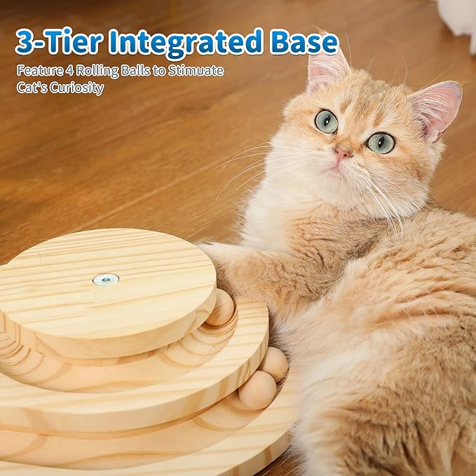 Made4Pets Cat Scratcher, Scratching Post for Indoor Cats with Stable Widen Base, 18.9" Tall Wood Ball Toy with 2-Level Track for Small Kittens, Natural Sisal Rope and Ball for Fun