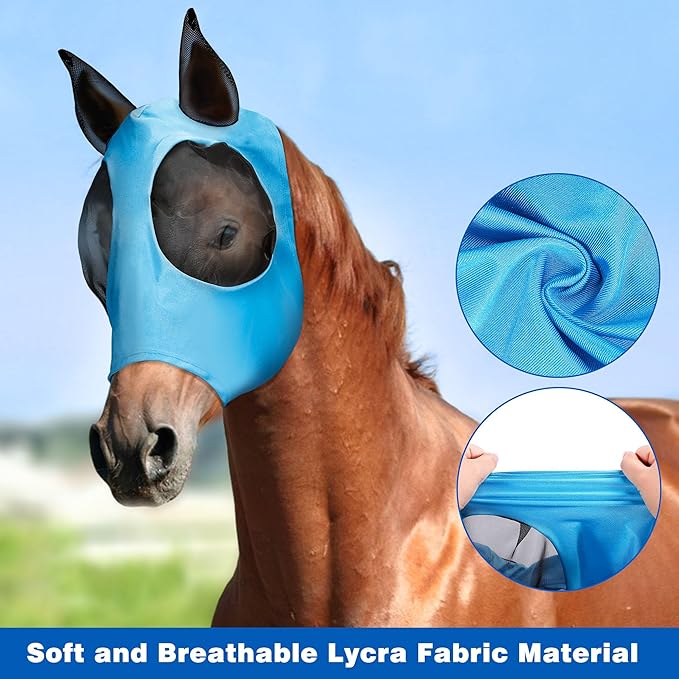 Masks for Horses, Safe and Breathable Horse Fly Masks with Ears, Shade and Cooling to Protect The Horse's face from Disturbance, Blue L