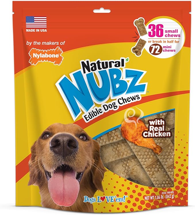 Nylabone Nubz Natural Edible Chew Treats for Dogs, Made in USA, Chicken Flavor, Small - Up to 25 lbs. (36 Count)