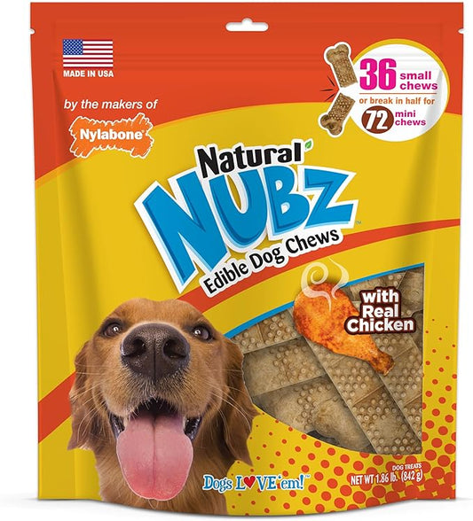 Nylabone Nubz Natural Edible Chew Treats for Dogs, Made in USA, Chicken Flavor, Small - Up to 25 lbs. (36 Count)