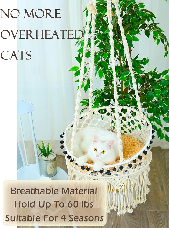 Cat Macrame Hammock for Larger Cats,Hanging Cat Bed Chair Boho Cat Swing Bed with Catnip Cushion and Scratching Mat