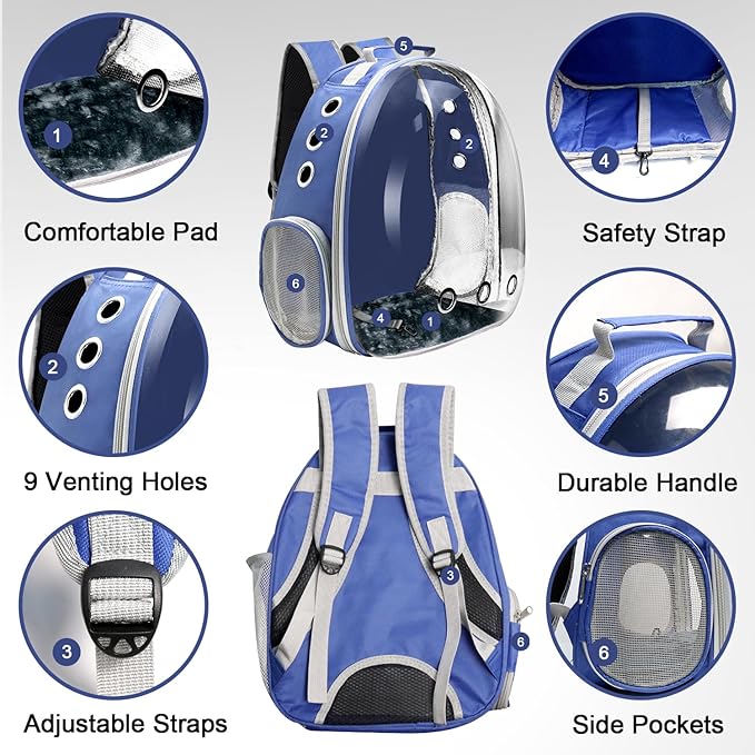 Cat Backpack Carrier, Pet Cat Carrier with Ventilated Design for Carrying Puppy Cats, Pet Carrier Back Pack Bag Space Capsule for Traveling/Hiking/Camping/Outdoors (Blue)