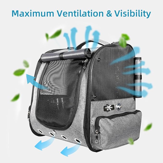 Bird Cage Backpack with Sunshade for Parakeets Cockatiels, Bird Travel Bag with Stand for Easy Cleaning, Transparent Breathable Travel Cage for Pets (Grey)