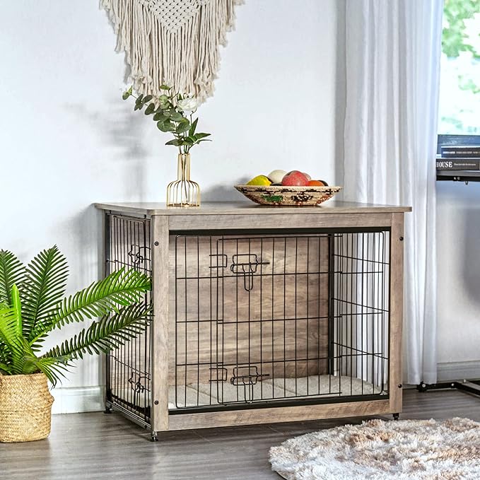 DWANTON Dog Crate Furniture with Cushion, Wooden Dog Crate with Double Doors, Dog Furniture, Indoor Dog Kennel，End Table, Medium, 32.5" L, Greige