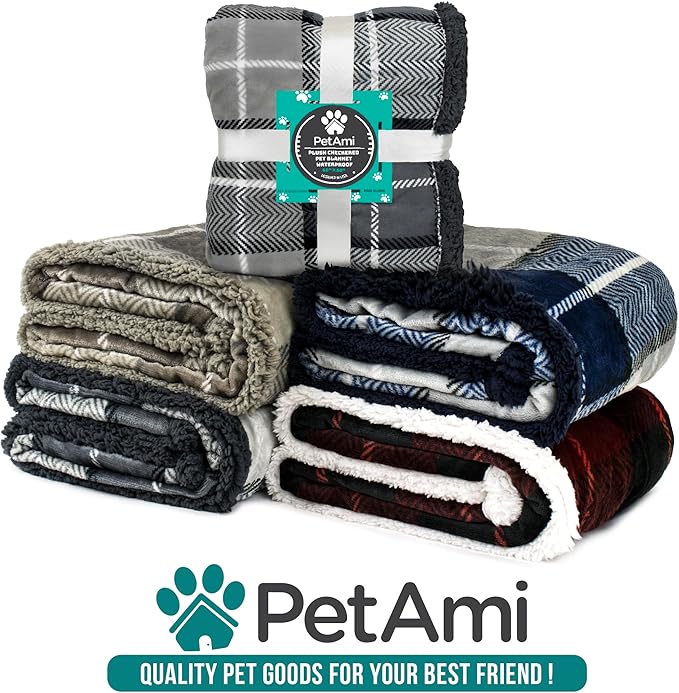 PetAmi Waterproof Dog Blanket for Small Medium Dog, Pet Puppy Blanket Couch Cover Protection, Sherpa Fleece Cat Blanket Couch Sofa Bed Furniture Protector Reversible Soft Washable 29x40 Plaid Navy