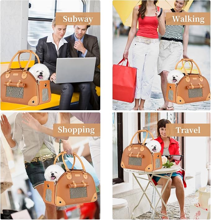 Dog Carrier, Pet Carrier, Dog Purse, Foldable Premium PU Leather Cat Carrier, Portable Tote Bag Carrier for Cats and Small Dogs - Brown