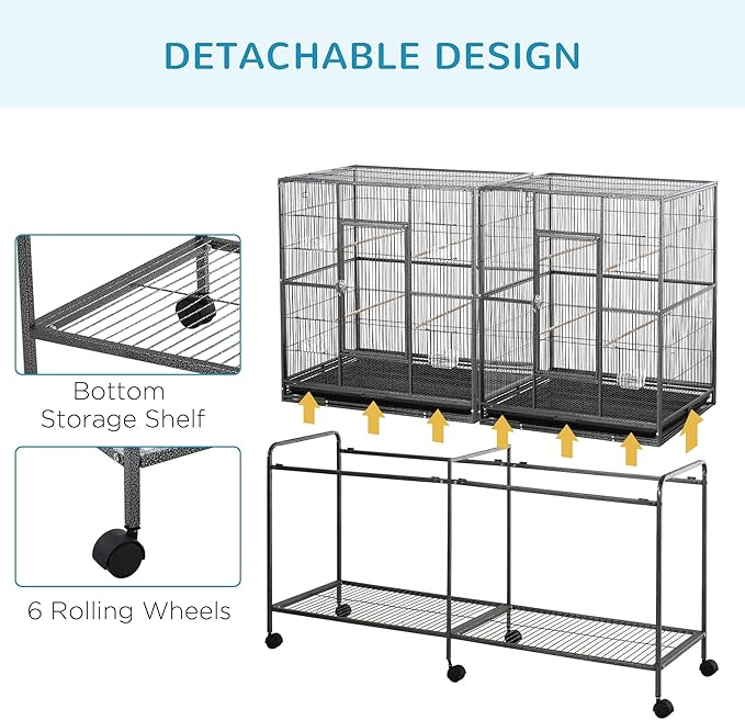 NicBex 64.25" Double Rolling Metal Bird Cage, Large Parakeet Cages with Stand,Pet Flight Birdcage for Parrot Lovebirds Finches Parakeets Budgie Parrotlet Conures,with Rolling Stand, Storage Shelf,Gray