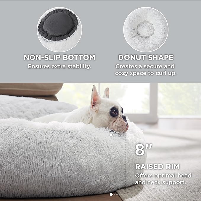 Bedsure Calming Dog Bed for Medium Dogs - Donut Washable Medium Pet Bed, 30 inches Anti Anxiety Round Fluffy Plush Faux Fur Cat Bed, Fits up to 45 lbs Pets, Frost Grey