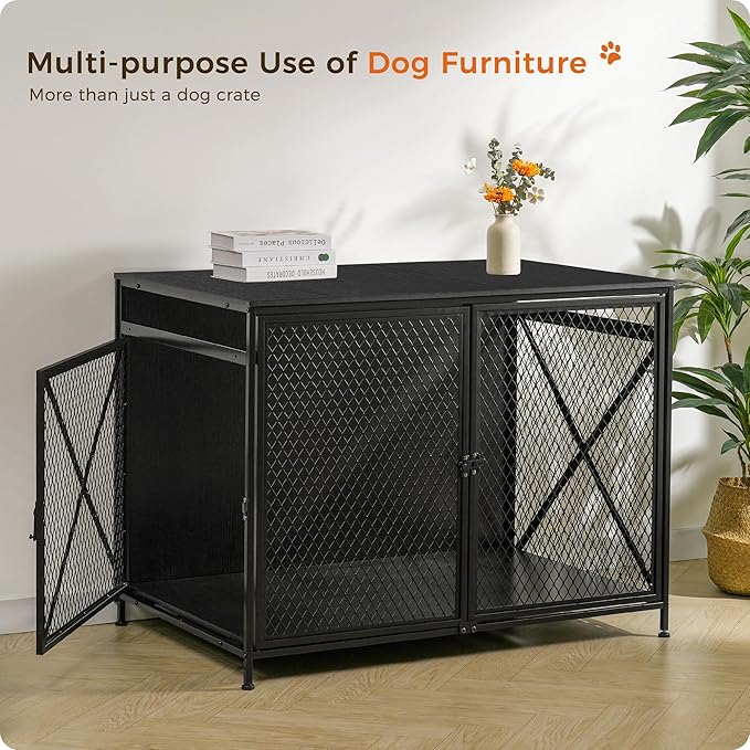 DWANTON Dog Crate Furniture, 42.5" L Three-Door Wooden Dog Kennel Indoor, Connectable expansion, Wooden Dog Crate Table for Small/Medium/Large Dog, Dog House, Dog Cage Large, Black