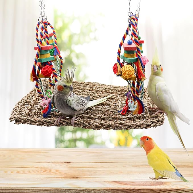 Large Bird Swing Toys, Colorful Parrot Seagrass Mat Hammock with Blocks, Bird Foraging Toy, Bird Cage Accessories, Suitable for Small to Medium Birds Parakeets Lovebirds Cockatiels 15.7 × 11.8 Inches