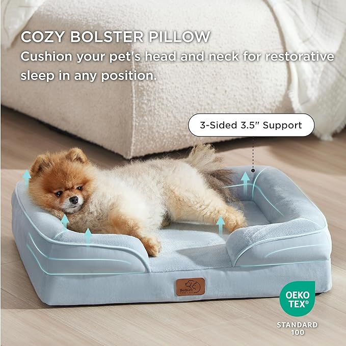 Bedsure Small Orthopedic Dog Bed - Washable Bolster Dog Sofa Beds for Small Dogs, Supportive Foam Pet Couch Bed with Removable Washable Cover, Waterproof Lining and Nonskid Bottom Couch, Light Blue