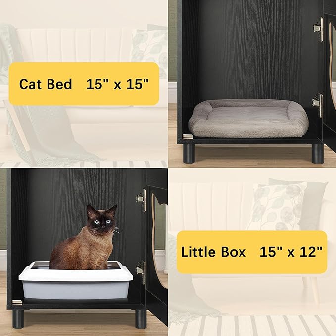 DOUSY- Small Wooden Cat Litter Box Enclosure, Hidden Litter Box Furniture Enclosed Cat Washroom Storage Cabinet, Side Table, Nightstand, Indoor Pet House 15.8 x 15.8 x 24 Inches, Black