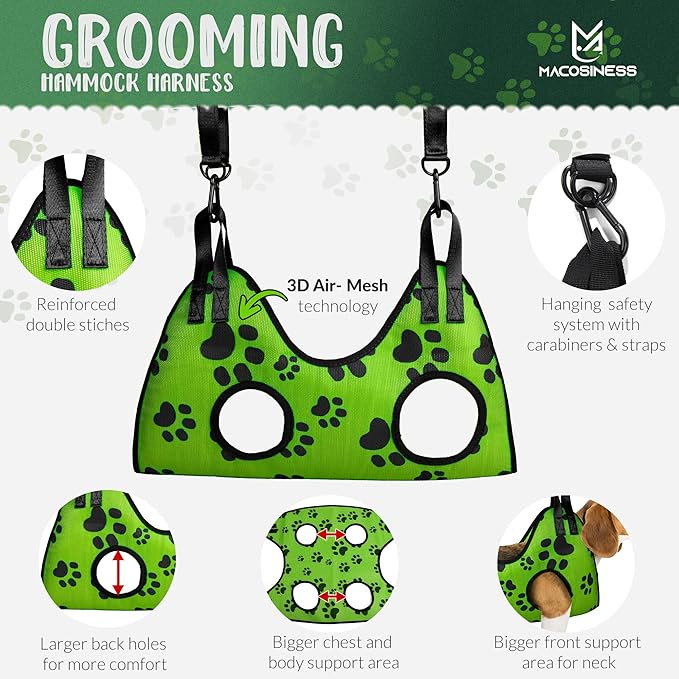 Pet Grooming Hammock for Nail Trimming - Complete Groomers Helper Set for Pet - Dog Grooming Hammock with Hook - Cat Nail Clipper - Dog Hammock for Nail Clipping (M, Lime with black paws)