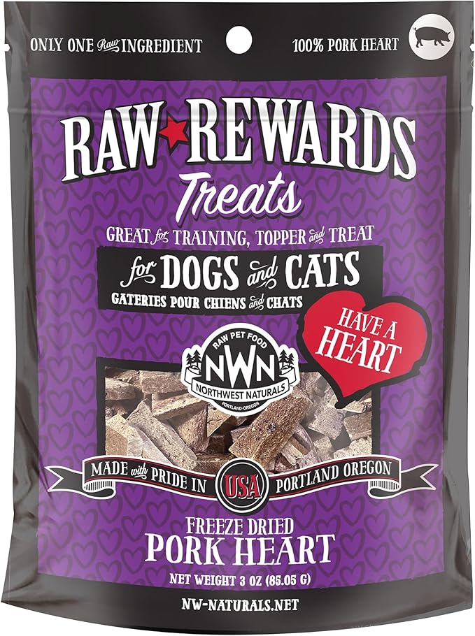 Northwest Naturals Raw Rewards Freeze-Dried Pork Heart Treats for Dogs and Cats - Bite-Sized Pieces - Healthy, 1 Ingredient, Human Grade Pet Food, All Natural - 3 Oz (Pack of 3) (Packaging May Vary)