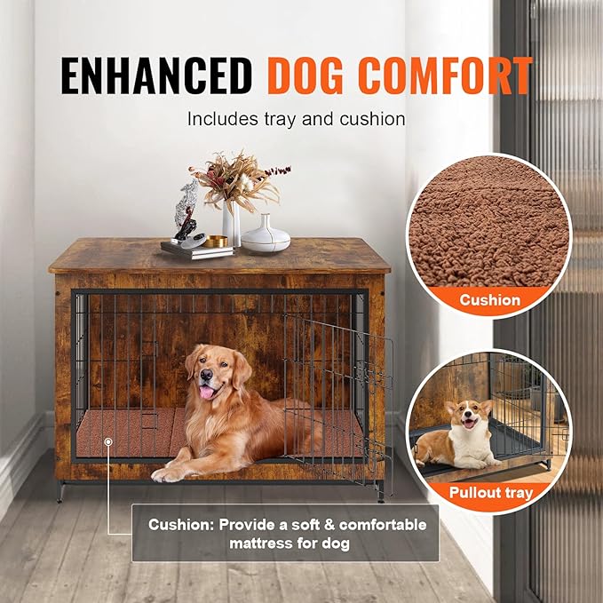 VEVOR Dog Crate Furniture, 38 inch Wooden Dog Crate with Double Doors, Heavy-Duty Dog Cage End Table with Multi-Purpose Removable Tray, Modern Dog Kennel Indoor for Dogs up to 70lb, Rustic Brown