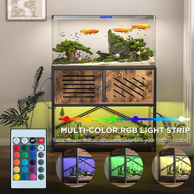 MELLCOM 40-50 Gallon Fish Tank Stand with Power Outlets & LED Light,Metal Aquarium Stand with Cabinet for Fish Tank Accessories Storage,Turtle Reptile Terrariums Stand Rack,Tank not Included