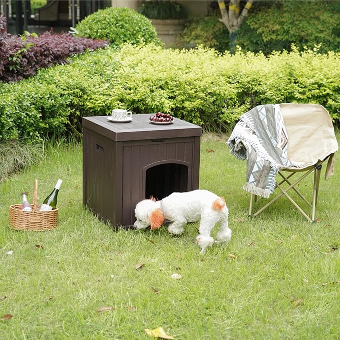 22" Dog House Outdoor with Flip Lid, Small Dog House Indoor Outdoor Weatherproof, Plastic Doghouse for Medium Dogs Outside, Durable Resin Plastic, 220 lbs Top Capacity & Elevated Floor, Brown