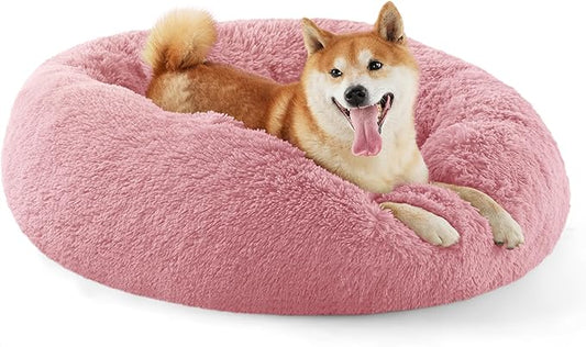 Bedsure Calming Dog Bed for Medium Dogs - Donut Washable Medium Pet Bed, 30 inches Anti-Slip Round Fluffy Plush Faux Fur Cat Bed, Fits up to 45 lbs Pets, Mauve Blush