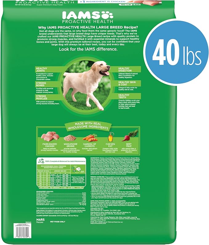 IAMS Adult High Protein Large Breed Dry Dog Food with Real Chicken, 40 lb. Bag