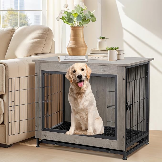 Shintenchi Wooden Dog Crate Furniture for Large Dog, XL Double-Door Kennel Indoor with Removable Tray, End Table XL Dog Crate for Decoration, 44" L*30" W*32" H, Grey