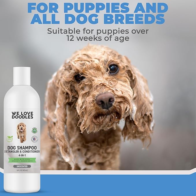 USDA Organic Dog Shampoo, Conditioner & Detangler - Best Shampoo for Goldendoodles, Poodles & Doodles - for Matted Pet Hair - Sensitive Skin Shampoo for Puppies - Made in The USA, 16OZ (Unscented)