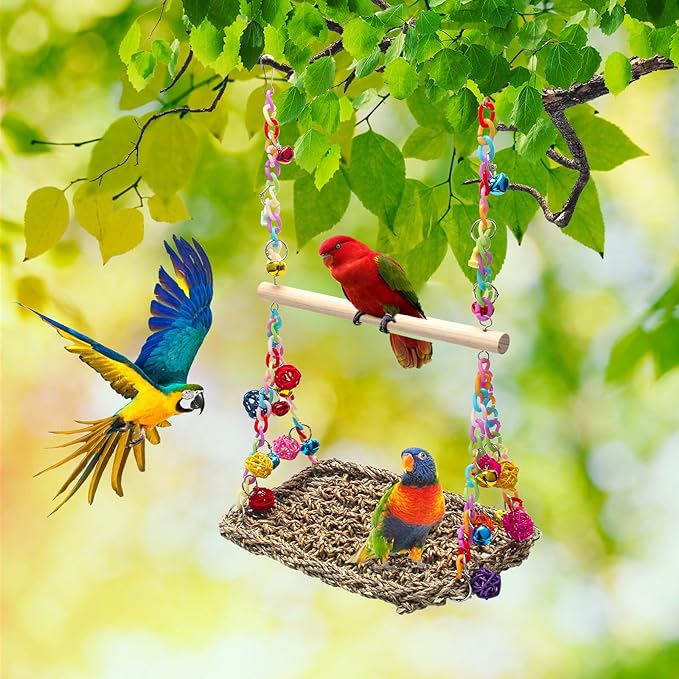 Bird Swing Toys with Wood Perch, AHIER Bird Seagrass Woven Hammock Swing Mat Bird Climbing Hammock Bird Perch Stand Chewing Toy for Parakeets, Budgie, Conure, Cockatiel, Lovebird