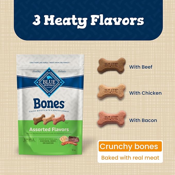 Blue Buffalo Bones Small Natural Dog Treats, Crunchy Dog Biscuits, Assorted Flavors - Beef, Chicken, Bacon Flavors, 16-oz. Bag (4 Pack)