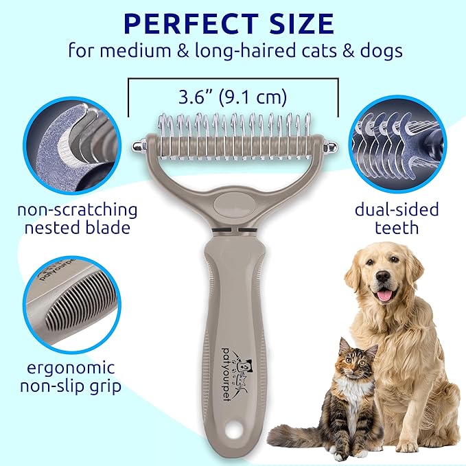 Pat your Pet Deshedding Dog Brush - Double Sided Undercoat Grooming Rake for Dogs & Cats, Dematting Comb and Shedding Tool, Extra Wide, Gray