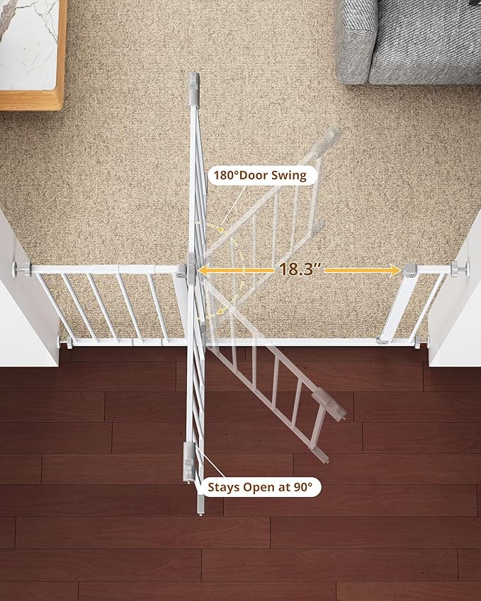 InnoTruth Baby Gate for Stairs 28.9-42.1" Wide, 30" Tall Easy Step Walk Through Expandable Dual Lock Dog Gates for The House, Metal Pressure Mounted Easy Install Pet Gate for Dogs, White