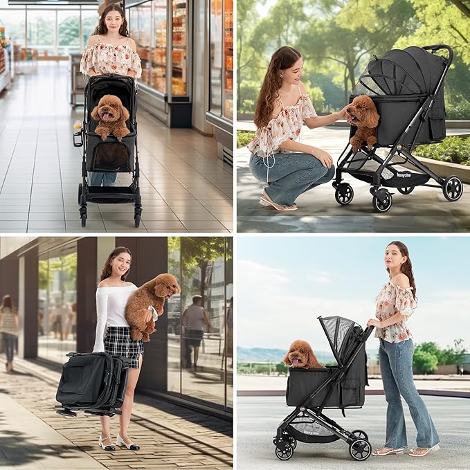 Kenyone Pet Stroller for Small to Medium Dogs Durable Cat Stroller with Lightweight Aluminum Frame, One-Click Folding, No Zip Entry, PU Wheels, Multiple Pockets(Black)