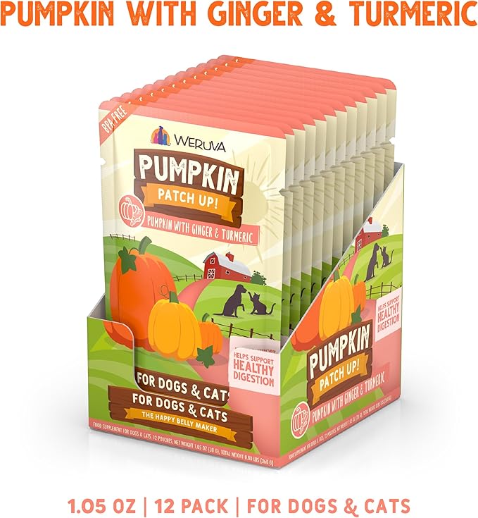 Weruva Pumpkin Patch Up! Pumpkin with Ginger & Turmeric for Dogs & Cats, 1.05oz Pouch (Pack of 12)