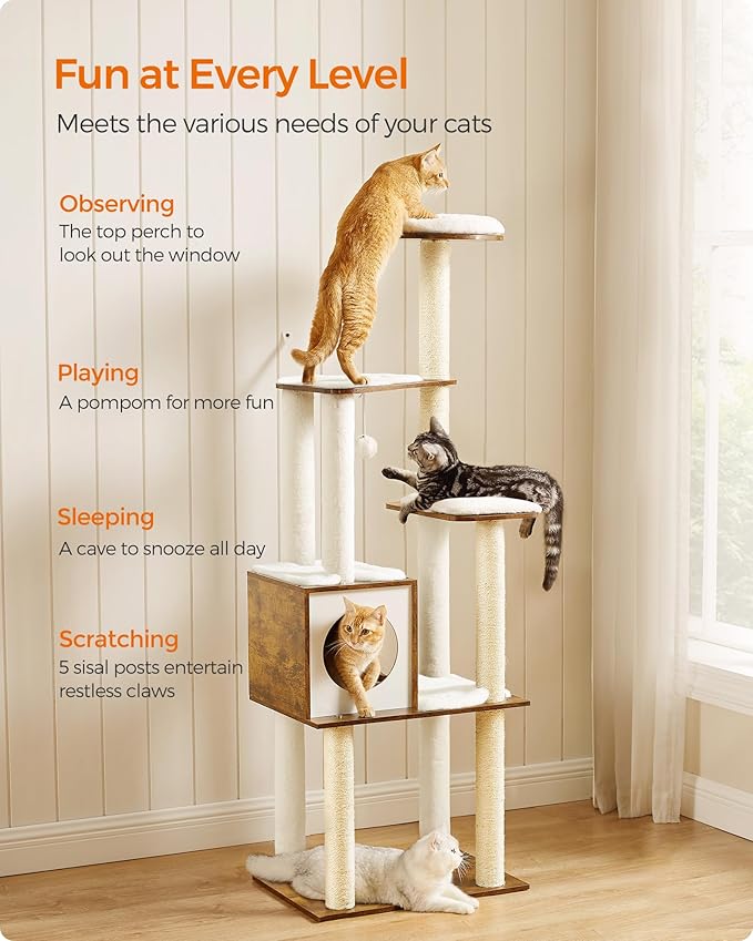 Feandrea WoodyWonders Cat Tree, 65-Inch Modern Cat Tower for Indoor Cats, Multi-Level Cat Condo with 5 Scratching Posts, Perch, Washable Removable Cushions, Cat Furniture, Rustic Brown UPCT166X01