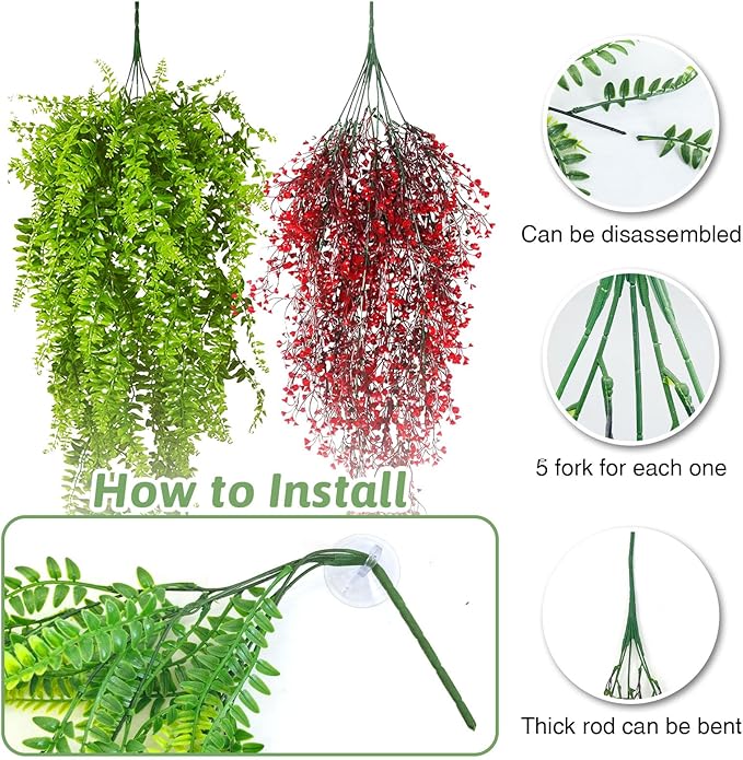 PINVNBY 2 Pack Reptile Plants Terrarium Hanging Fake Vines with Suction Cup Artificial Leaves for Bearded Dragons Lizards Geckos Snake Hermit Crab (Red and Green)