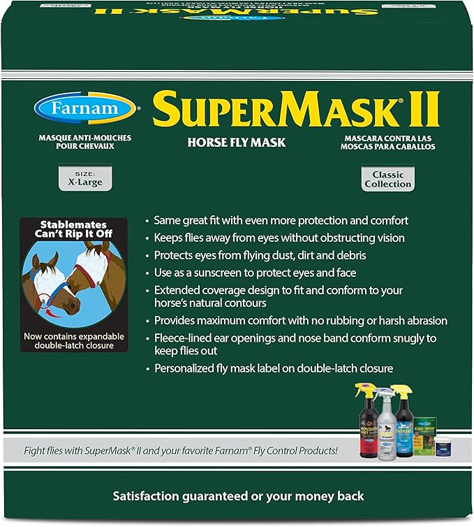Farnam SuperMask II Fly Mask Without Ears for Larger Horses, Full Face Coverage and Eye Protection from Insect Pests, Structured Classic Styling Mesh with Plush Trim, XL Size