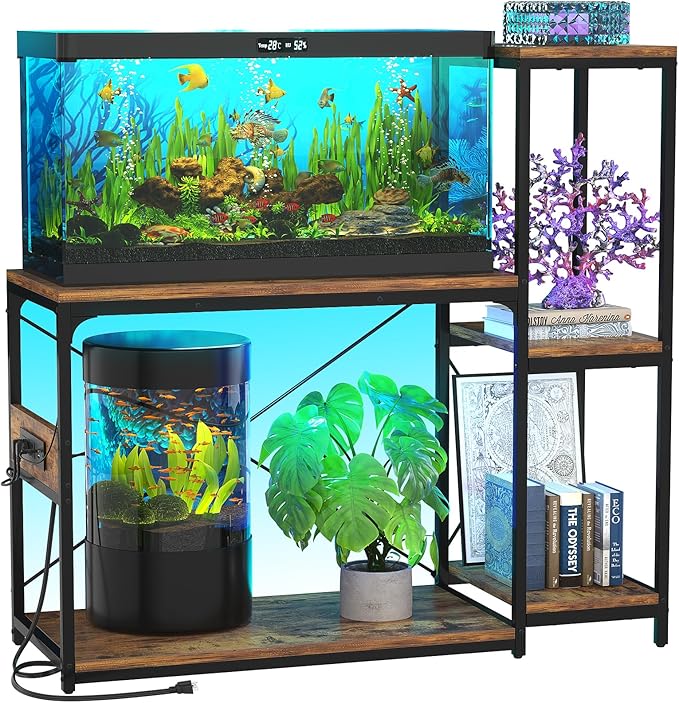 20-29 Gallon Fish Tank Stand with Power Outlet & LED Light, Reversible Wood Aquarium Stand with Shelves for Fish Tank Accessories Storage, Metal Frame, Turtle/Reptile Tank Stand, Rustic Brown