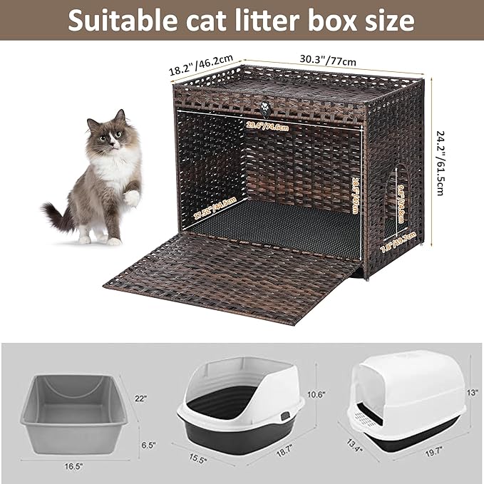 Cat Litter Box Enclosure with Soft Litter Mat; Hidden Cat Washroom Furniture with Door; Handwoven Rattan Cat House with Large Space; Pet Crate for Living Room, Bedroom, Balcony (Brown)