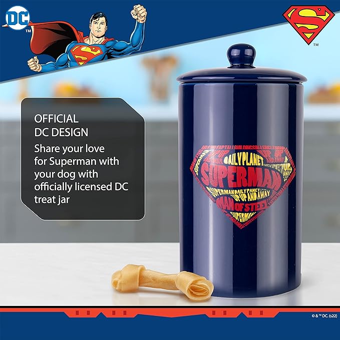 DC Comics Superman Logo Pattern Treat Jar | 10"x 5" Dog Treat Jar with Lid | Dishwasher Safe Superman Dog Food Storage Container Cylinder for Dog Treats