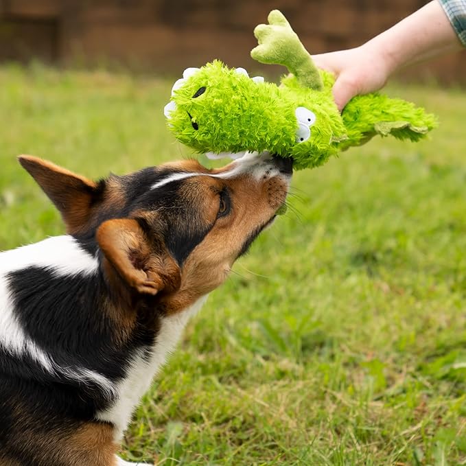 goDog PlayClean Gator Squeaky Plush Dog Toy with Odor-Eliminating Essential Oils, Chew Guard Technology - Green, Large