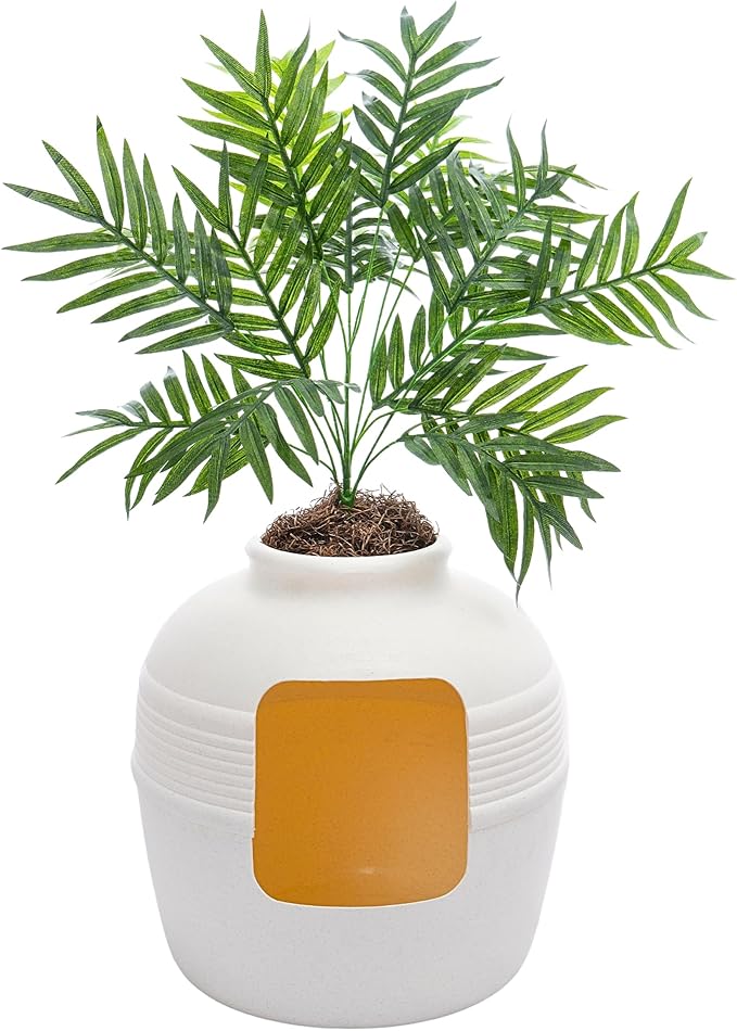 Good Pet Stuff, The Original Hidden Litter Box Base Kit, Round Enclosed Cat Litter Box Planter with Artificial Plants, Vented Carbon Odor Filter System, Florist Moss, Easy to Clean, White Birch