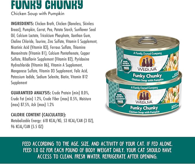 Weruva Classic Cat Food, Funky Chunky Chicken Soup with Pumpkin in Chicken Soup, 3oz Can (Pack of 24)