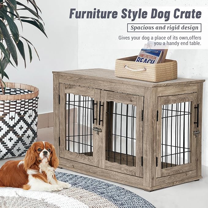 Dog Crate Furniture with Bed, Wooden Dog Kennel Furniture End Table Dog Crate with 3 Doors, Indoor Solid Wood Dog Cage