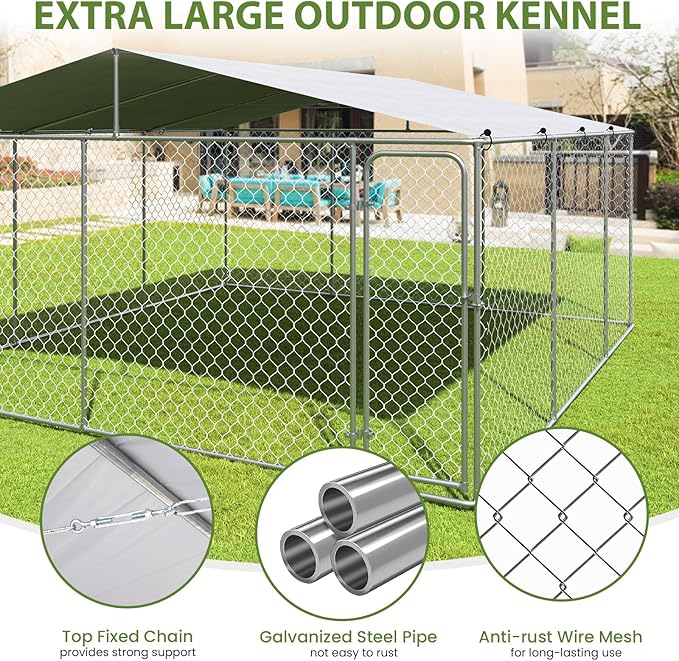 15x15 FT Extra Large Outdoor Dog Kennel, Outside Dog Kennel with Roof, Heavy Duty Dog Run Fence with Anti-UV & Waterproof Cover, Covered Dog Outdoor Kennel for Large Dogs