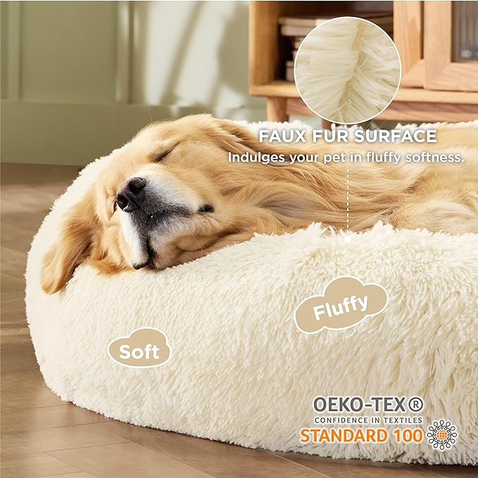 Bedsure Calming Dog Bed for Extra Large Dogs - Donut Washable Large Pet Bed, Anti-Slip Round Fluffy Plush Faux Fur Dog Bed, Fits up to 125 lbs Pets, Oat Milk, 45 inches