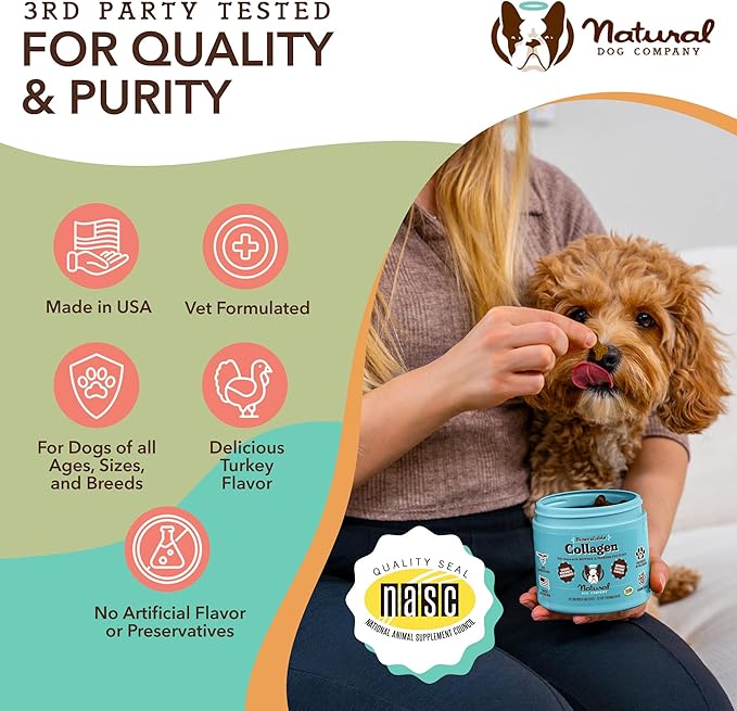 Natural Dog Company Collagen Chews for Dogs - Enhanced with Eggshell Membrane - Unique 4-Type Collagen Blend for Mobility, Hip, Joint, Skin & Coat Support - with Vitamin C and Hyaluronic Acid -90 Ct