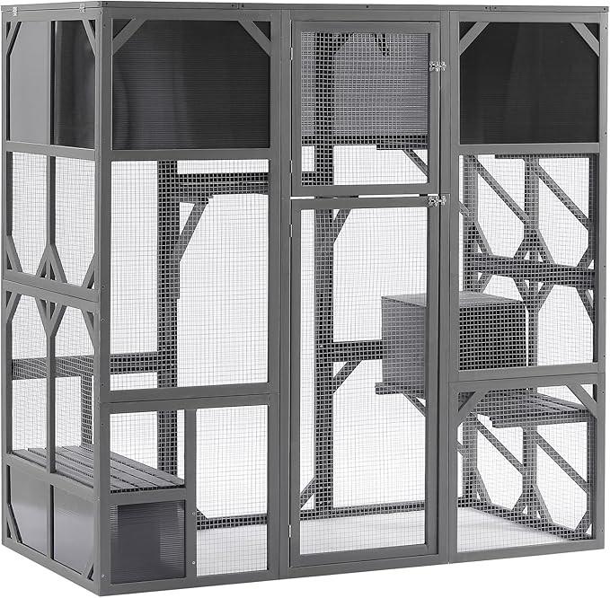 68 Inch Wooden Catio Outdoor Cat Enclosure w/Napping Houses, Luxury Kitty-House with Jumping Platforms & Weatherproof Asphalt Roof, Walk-in Kitty Kennel Condo Shelter